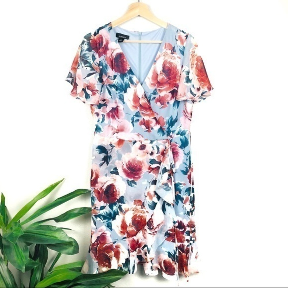 B DESIGN blue floral faux wrap dress ruffle